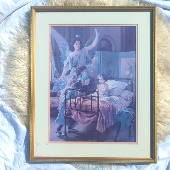 Vintage Gold Framed Guardian Angel watching Praying Children Print and Matted